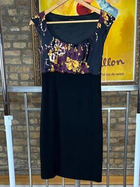 Elie Tahari Silk Blend Floral Bodycon Dress Size 4 Black Purple Yellow Knee Leng